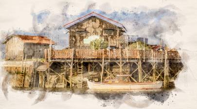 Photo de Gujan-Mestras - Illustration aquarelle : Au port de Larros